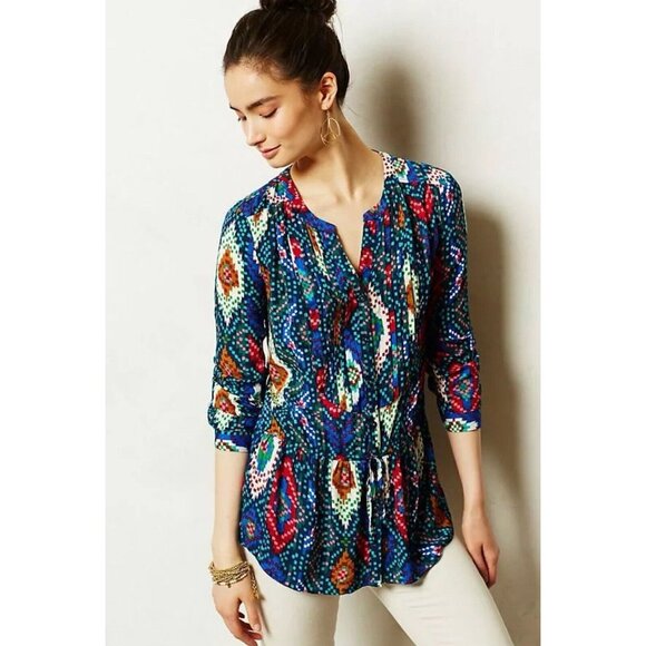 Maeve Anthropologie Topoxte Geometric Ikat Button Front Blouse Shirt Size 0 Blue - Picture 1 of 13